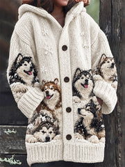 Women's Snowy Winter Malamute Dogs in the Snow Print Composite Fleece Long Coat