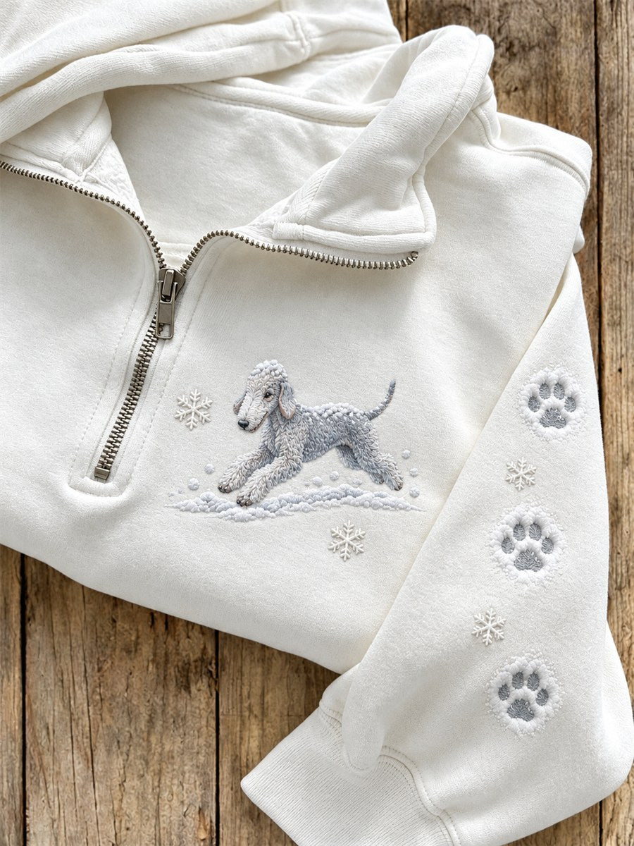Women's Snowy Winter Bedlington Terrier Dog in the Snow Print Zip Up Sweatshirt